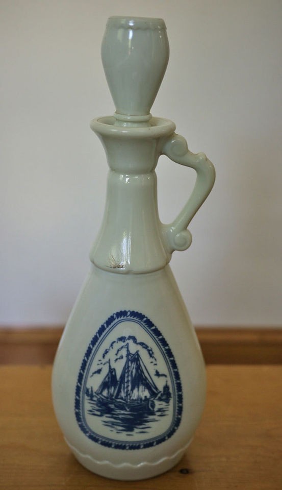 Vtg DUTCH Windmill Milk Glass Delft Liquor Bottle Jug Decanter Beams 