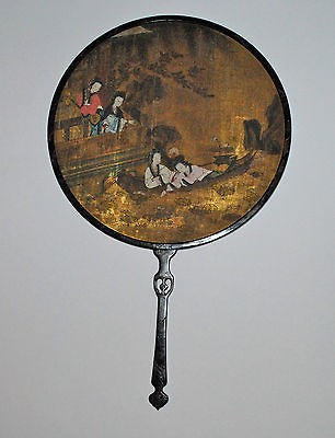 RARE ANTIQUE CHINESE SILK LACQUER FAN HAND SCREEN PIEN MIEN HAND 