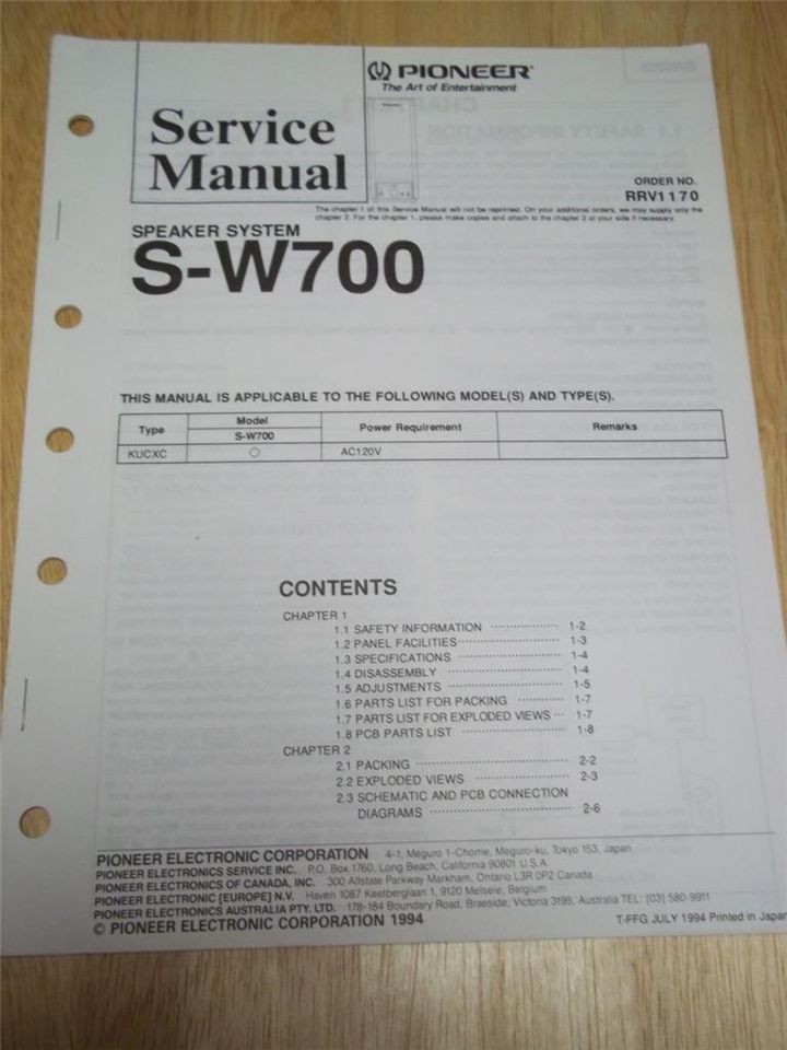 Pioneer Service Manual~S W700 Speaker System~Origina​l~Repair