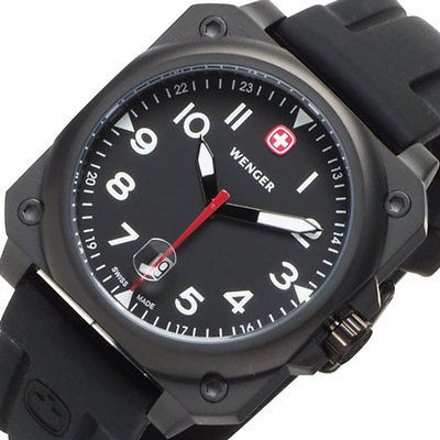 New WENGER Aerograph Swiss Made Mens Steel Watch Black Rubber Band