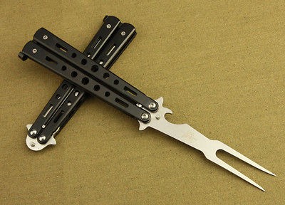 Black METAL Practice BALISONG BUTTERFLY Burn Card Fork Knife Trainer 