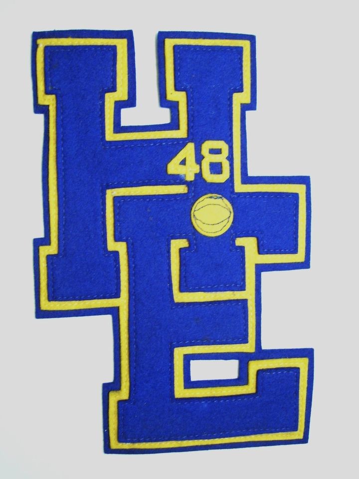 VINTAGE FELT LETTERMAN H E SCHOOL LETTER PATCH, #48 BASKETBALL