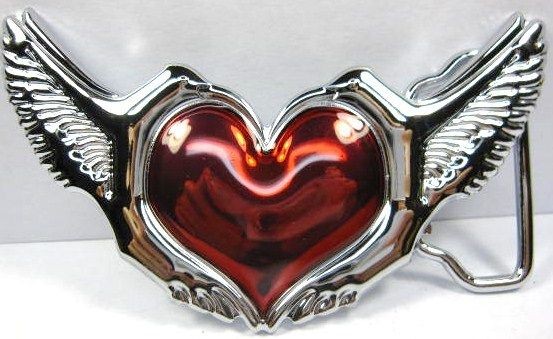 HEART W/ WINGS BELT BUCKLE RED LOVE CHROME B124