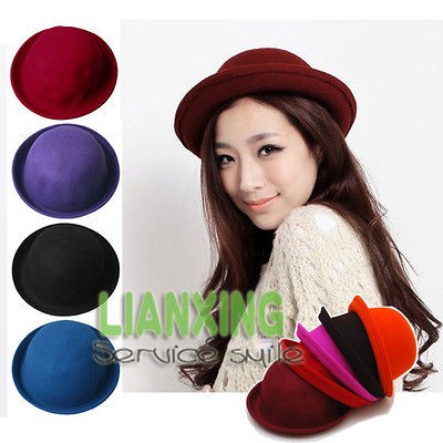 Women Man Pure Vintage Bowler Wool Derby Hat Cloche Beret Hemming 