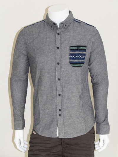   BELLFIELD Van Patten Aztec Trim Chambray Denim Shirt   Grey   S XXL