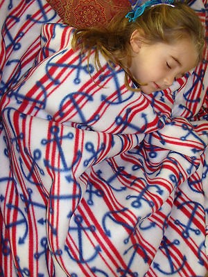 FLEECE NO SEW BLANKET/REVERS​IBLE NAUTICAL RED/WHITE/BLUE​ NEW 