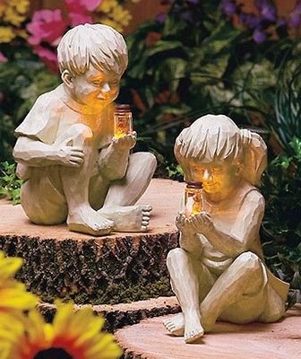   Boy SET Solar FireFlies Fire Flys Pond Spring Garden Statue FREE SHIP