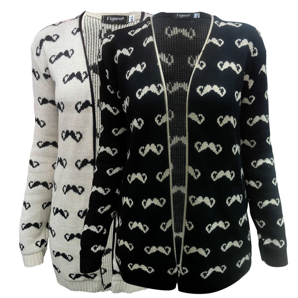   WOMENS SIZE 8 14 MOUSTACHE PRINT CARDIGAN TOP JUMPERS KNITWEAR GRANDAD