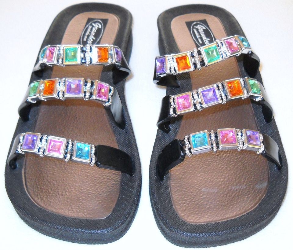 GRANDCO DRESSY Beach Pool SLIDE BLING Black Beaded Jeweled Sandals 