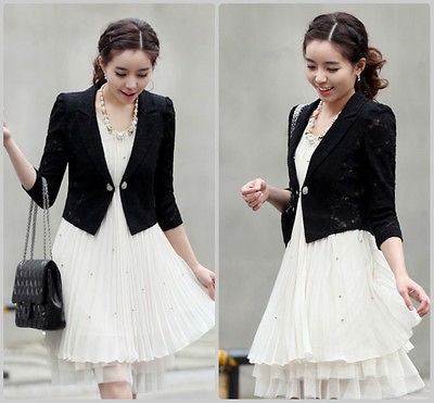 Women Lace Stand collar Shrug Shoulder Elegant Black Thin Jacket Coat 