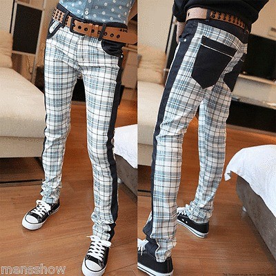 Mens Stylish Plaid Pants Casual Skinny Jeans Trousers Denim Size 28 32 