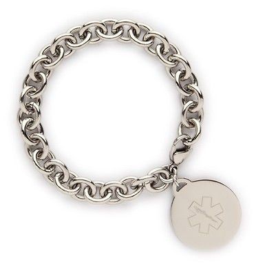   Circle Charm Medical ID Link Bracelet   Diabetes   Decals  or Engrave