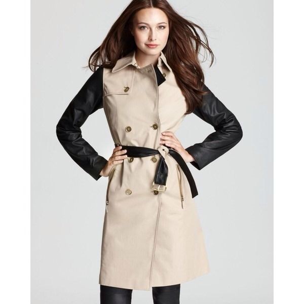 New Michael Kors Leather Sleeve Trench Coat XS Dark Camel NWT