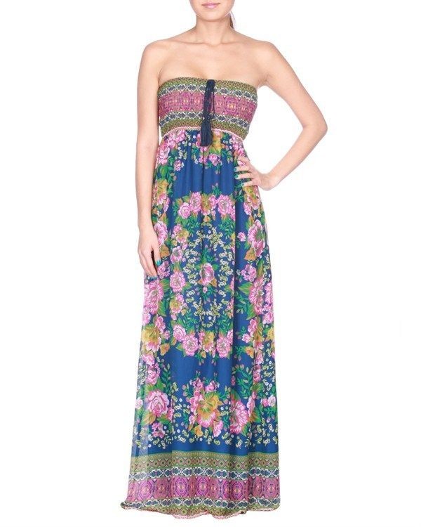   Tomato Navy Floral Print Gypsy Mod Tube Top Strapless Maxi Dress