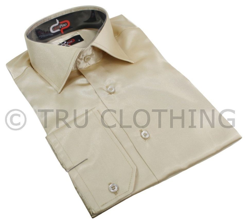 Mens Italian Design Cream Silk Satin Finish Shirt Smart Slim Fit