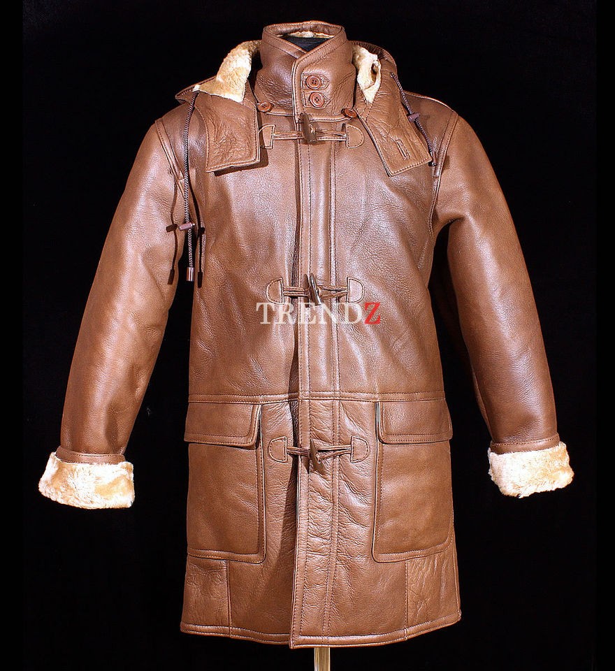   Brown New Smart Winter Real Shearling Sheepskin Leather Duffel Coat