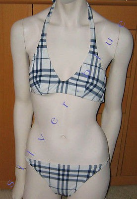 NWT Auth BURBERRY ~HALTER~ White/Navy CHECK PLAID BIKINI Size XS 0 2 