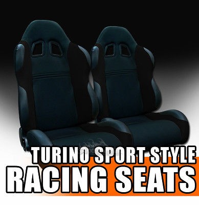   Blk Fabric & PVC Leather Sport Racing Bucket Seats+Sliders Nissan