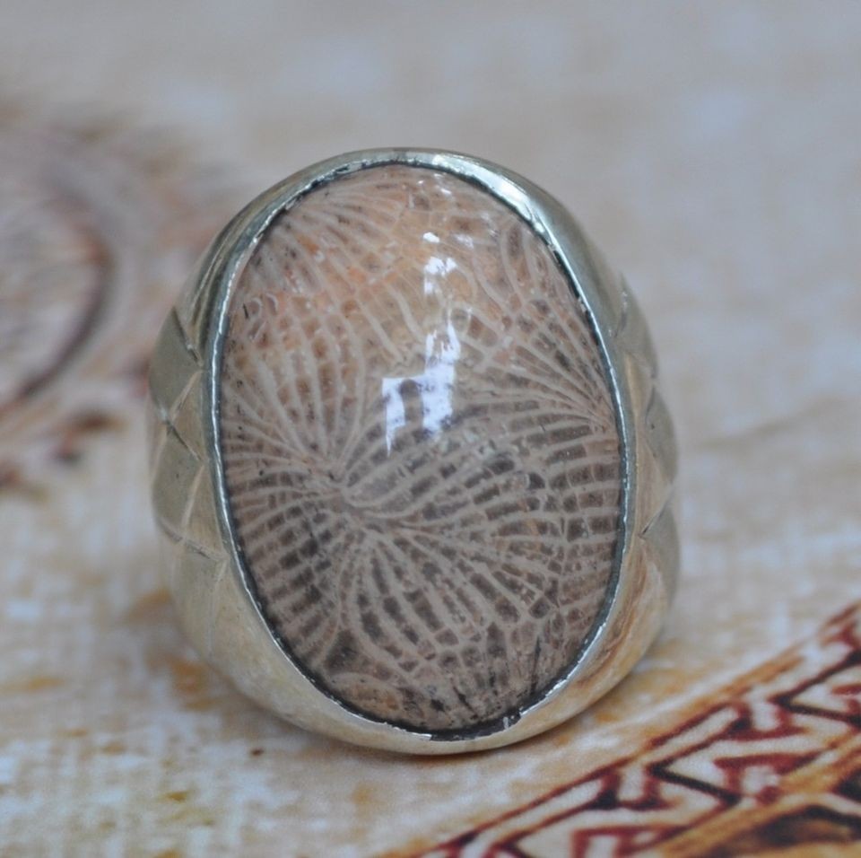 Silver fossil agate aqeeq Men Ring Middle Eastern yemen yemeni unique