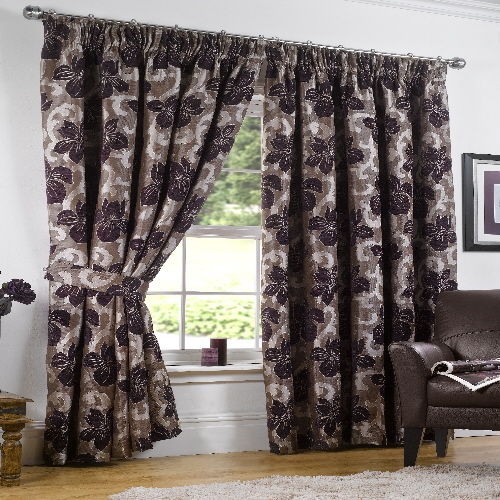 Pair Heavy Woven CHENILLE Lined Curtains AUBERGINE PURPLE BEIGE 46 66 