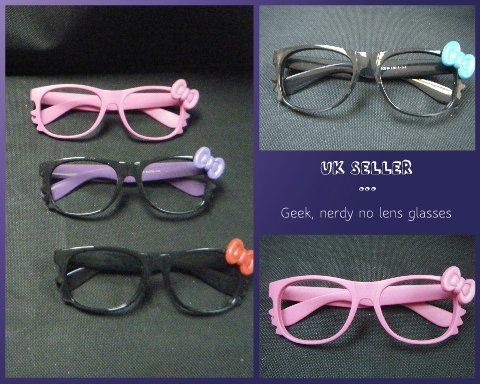 CUTE KITTY NERD GEEK GLASSES WITH BOW & WHISKAS FRAME NO LENS 6 