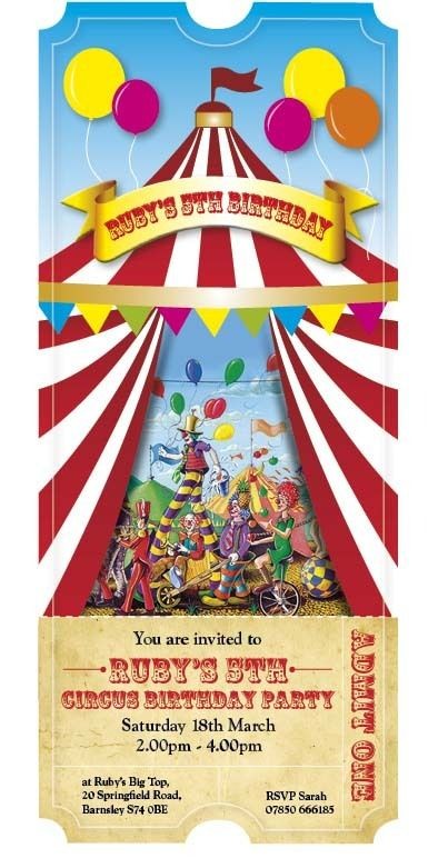 CIRCUS TICKET THEME Personalised party invitations DL size x 12