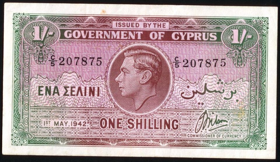   One shilling 01 May 1942 VF+ RARE Greece, Zypern, Chypre, Cipro Chipre