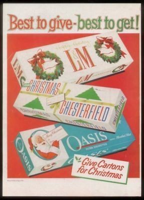 1958 Oasis L&M Chesterfield cigarette Xmas carton ad