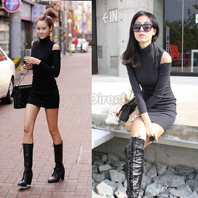   Long Sleeve Tight Sexy Polo Neck Cotton OffShoulder Mini Dress DN00