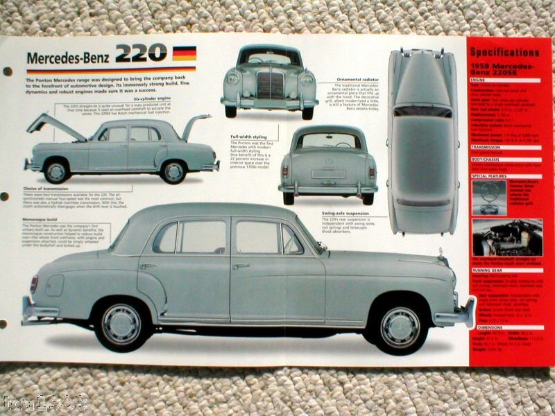 MERCEDES BENZ 220 SPEC SHEET/Brochure/Catalog1958,1959