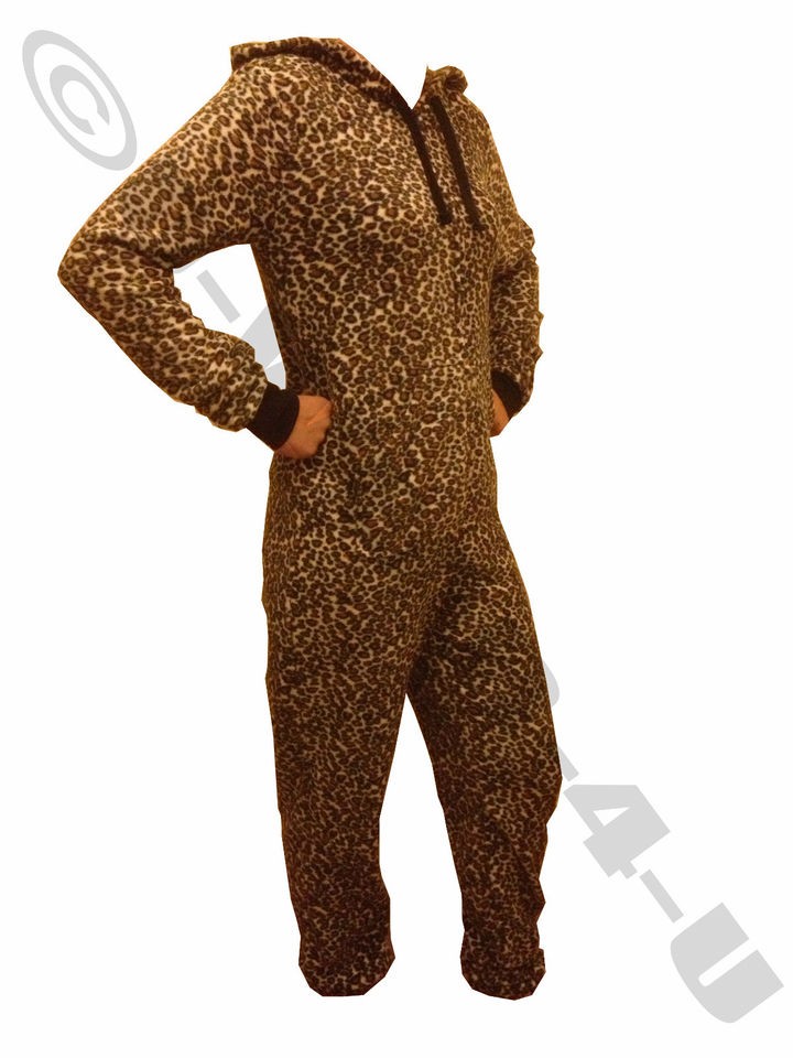 WOMENS ADULTS ONESIE ALL IN ONE JUMPSUIT. FLUFFY FLEECE. LEOPARD PRINT 