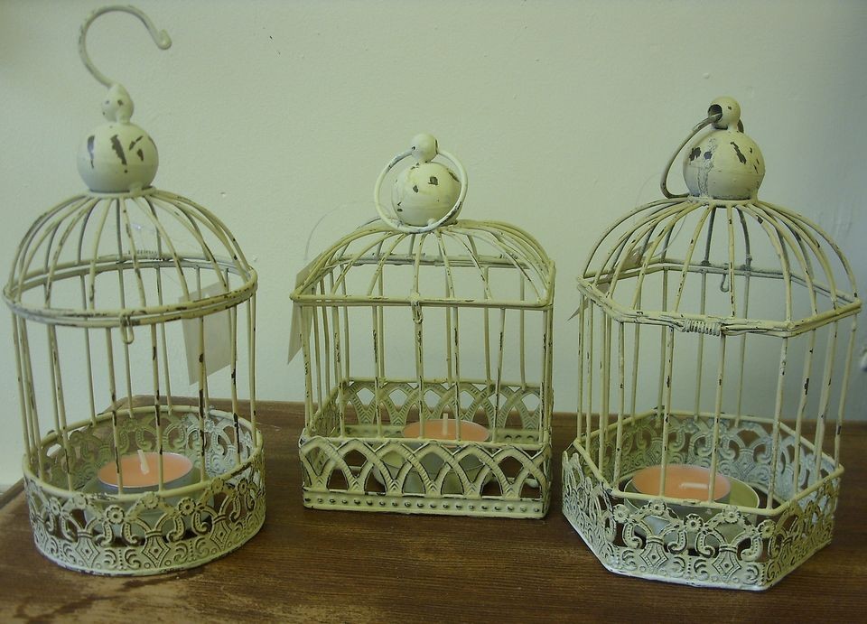 Shabby Vintage Cream Chic Bird Cage Tealight Holder Round Rectangle 