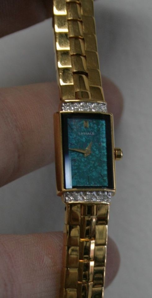 LADIES LASSALE GOLD TONED AQUA OPALISH DIAL DIAMOND BEZEL NEW RETAIL 