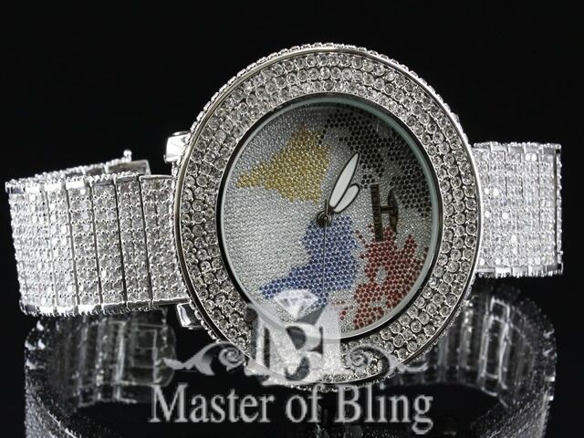 MENS LAB DIAMOND TECHNO PAVE WATCH WORLD BACKGROUND SILVER ICED OUT 