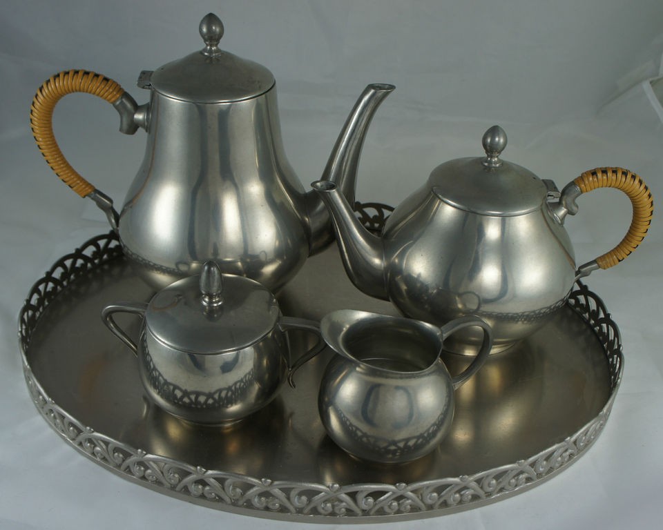 VINTAGE PEWTER TEA/COFFEE SET OF 5,POTS,SUGAR BOWL,CREAMER,TRAY ROYAL 