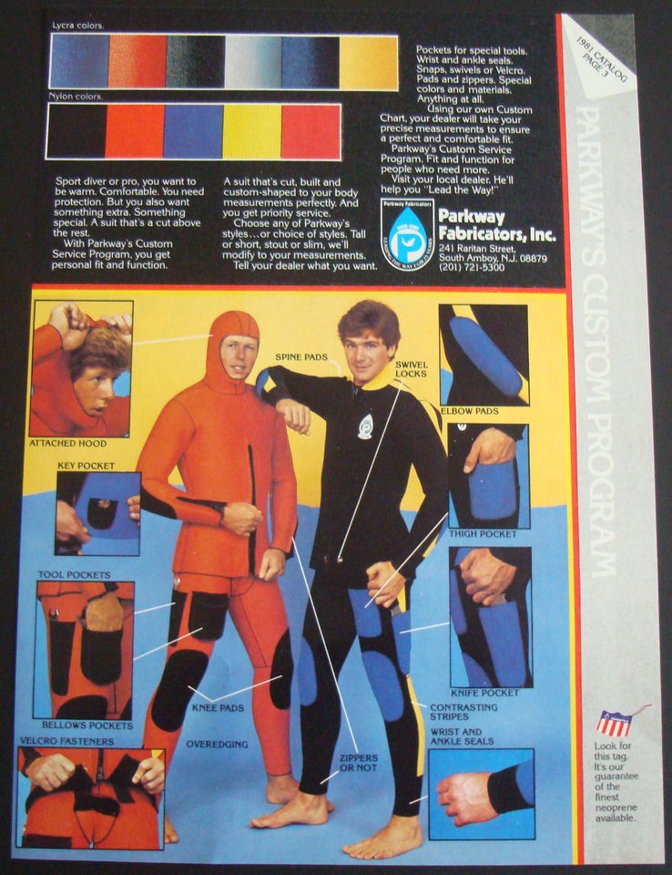 1981 PARKWAY SCUBA SKIN DIVING DIVER AD WETSUIT WET SUIT CUSTOM COLORS