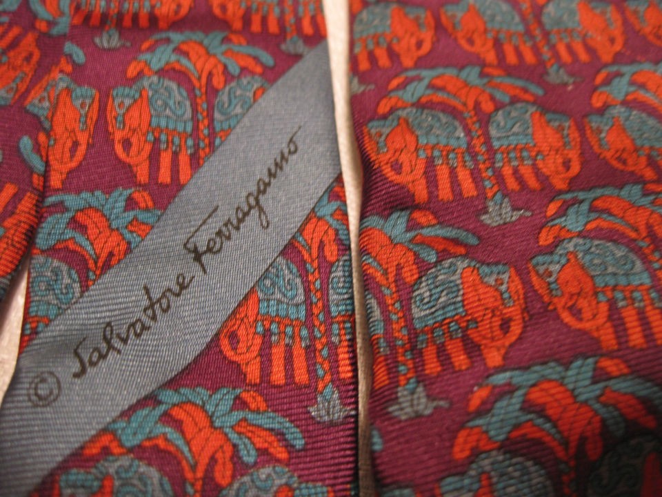   Ferragamo Mens Silk Tie Elephants under Palm Trees Made in Italy