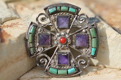 VINTAGE MEXICAN MATILDE POULAT MATL STERLING SILVER AMETHYST CROSS 