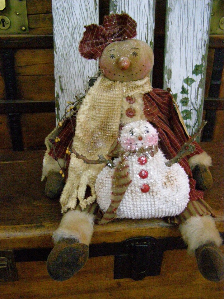 PRIMITIVE SNOWMAN DOLL W/ SNOW BUDDY FOLK ART SNOW GIRL SNOWMAN DOLL 