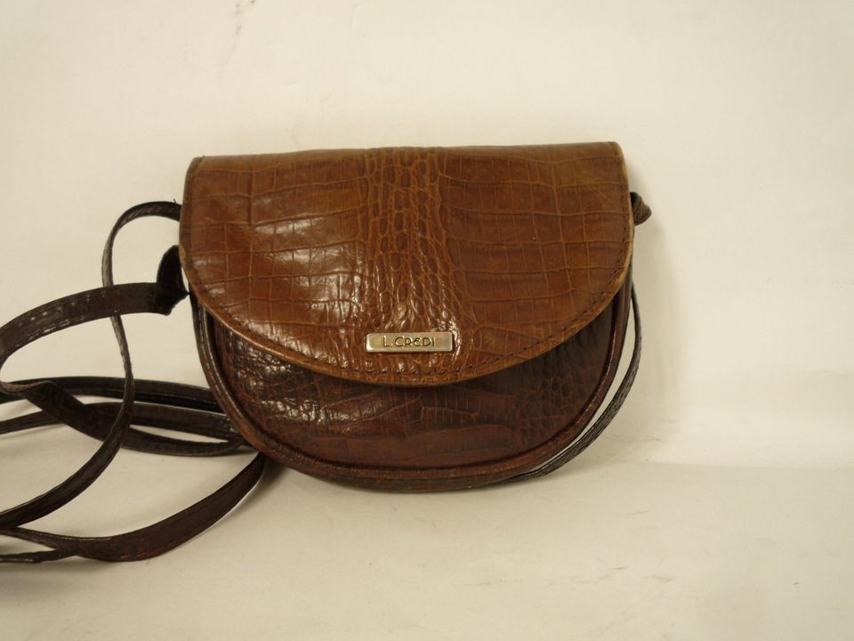 BROWN LEATHER MINI SATCHEL BAG HANDBAG BY L CREDI CROC