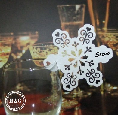   Snowflake Name Place Cards, Wine Glass Cards, Wedding Table Decoration