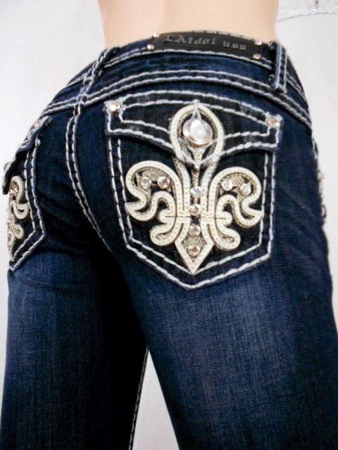   Crystal Fleur De Lis Leather Bold Stitching Bootcut Stretch 0 15