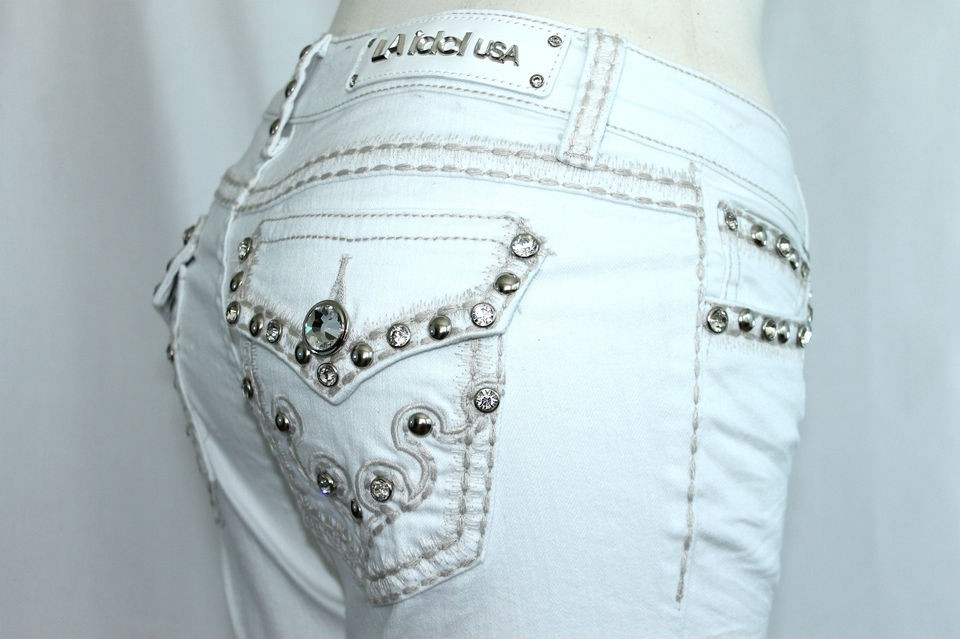 LA Idol Sexy Hot White Bootcut Jewel Tribal Tattoo Fleur De Lis Flap 