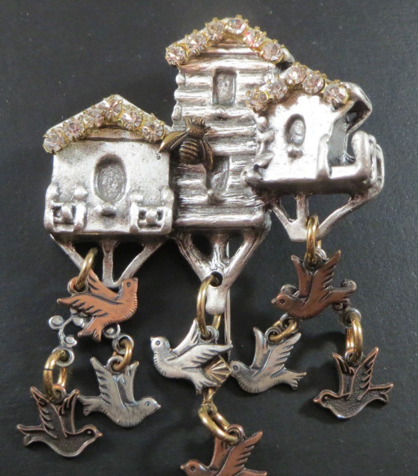 CUTEST Trio of Rhinestone Birdhouses Pin Bug Bee Birds