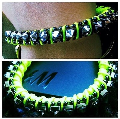 2012 H&M BRACELET CRYSTALS GEMSTONES NEON YELLOW STUDDED SPIKES 