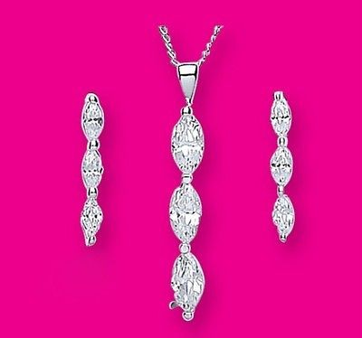   Silver Marquis Cubic Zirconia 3 Stone Pendant & Drop Earring Set