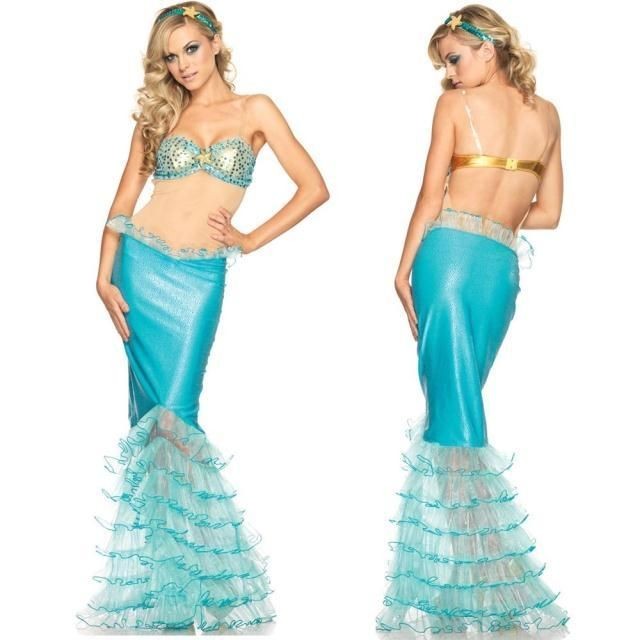   SALE BLUE MERMAID 3PS BRA+SKIRT+HEAD​WEAR DANCE LONG FLOOR DRESS