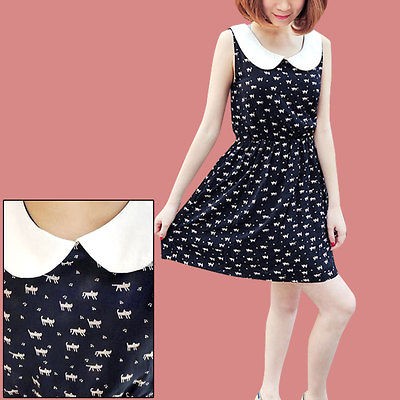 Woman Sleeveless Beige Small Cats Pattern Dark Blue Mini Dress XS