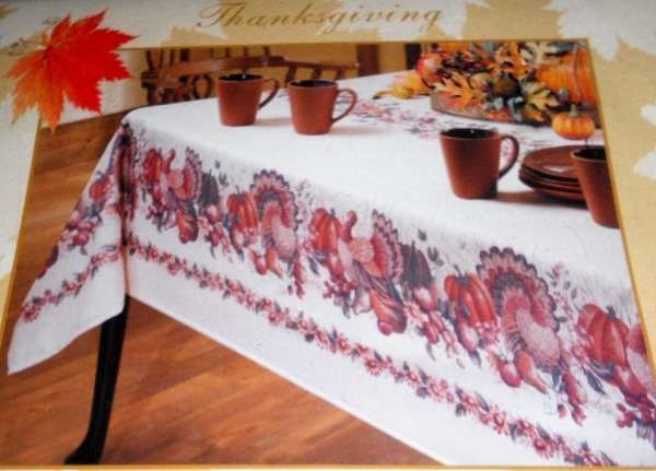 NEW THANKSGIVING FABRIC RECTANGULAR TABLECLOTH TURKEY HARVEST 