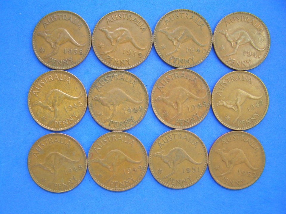   Lot of 12 One Penny Coins. KGVI 1938 to 1952. all different dates